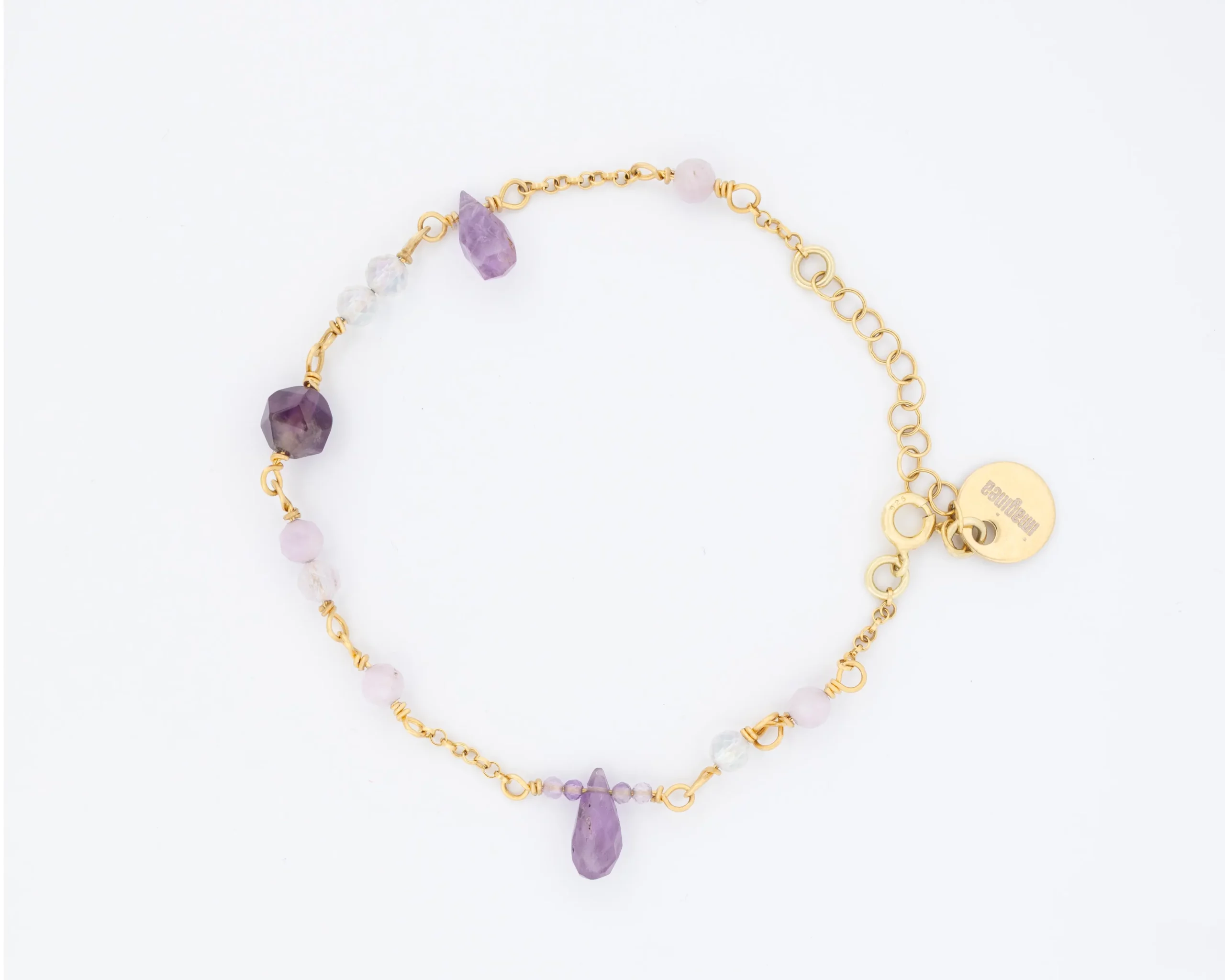 Srebrna pozłacana bransoletka Lawenda z ametystami, kryształem górskim, morganitem i kunzytem.