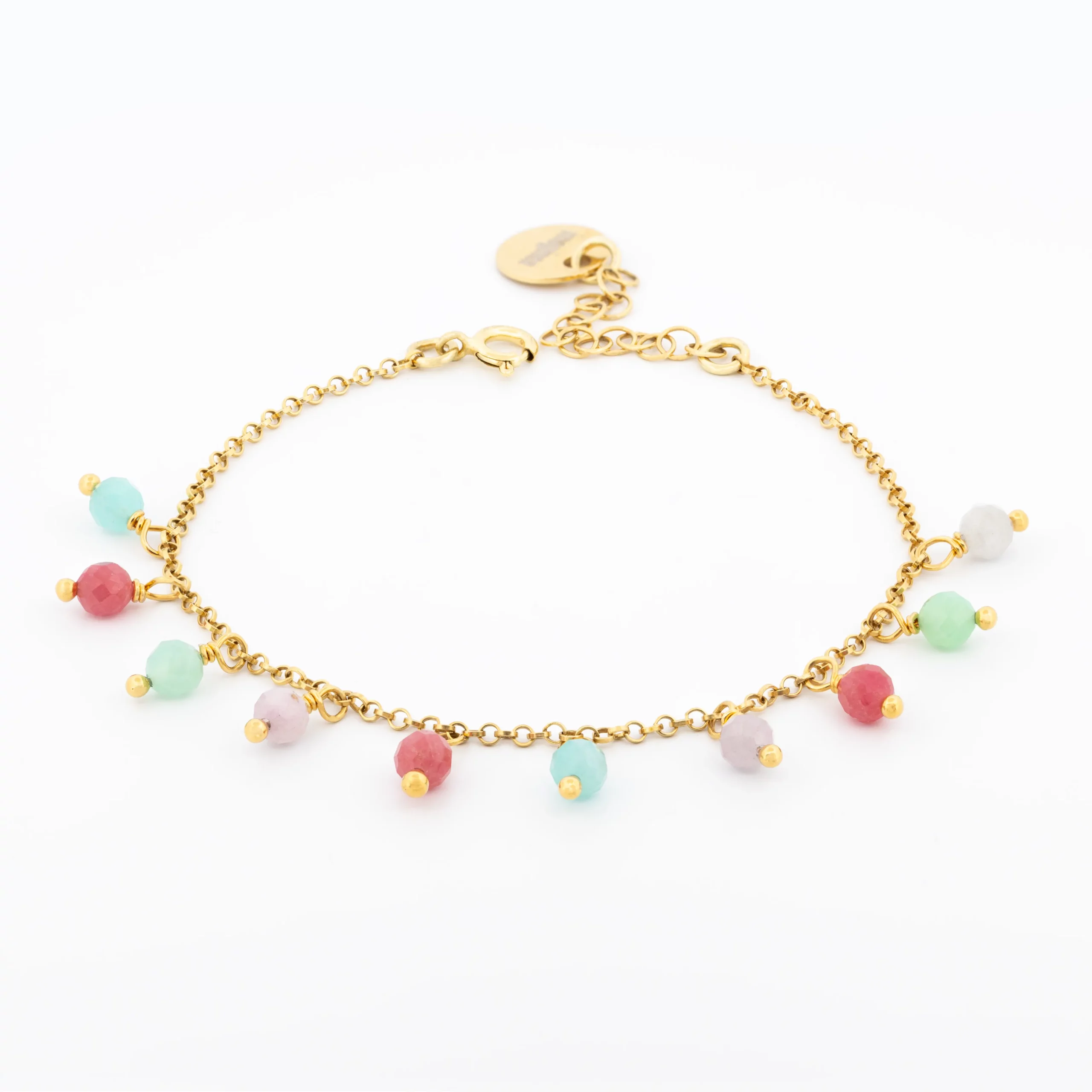 Łańcuszkowa bransoletka srebrna pozłacana Pastela z rodonitem, kunzytem i chryzoprazem.