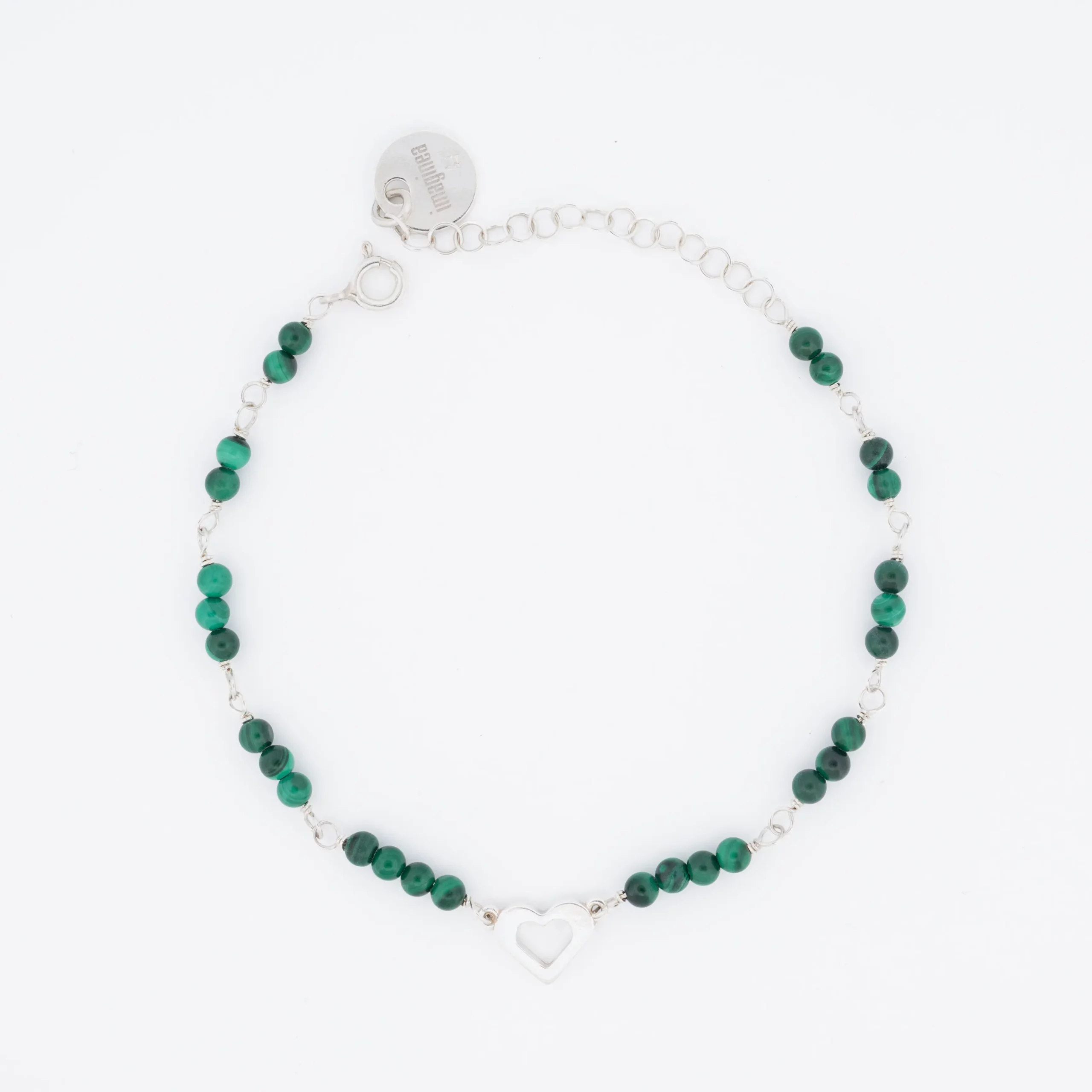 Bransoletka srebrna z sercem i zielonymi malachitami.