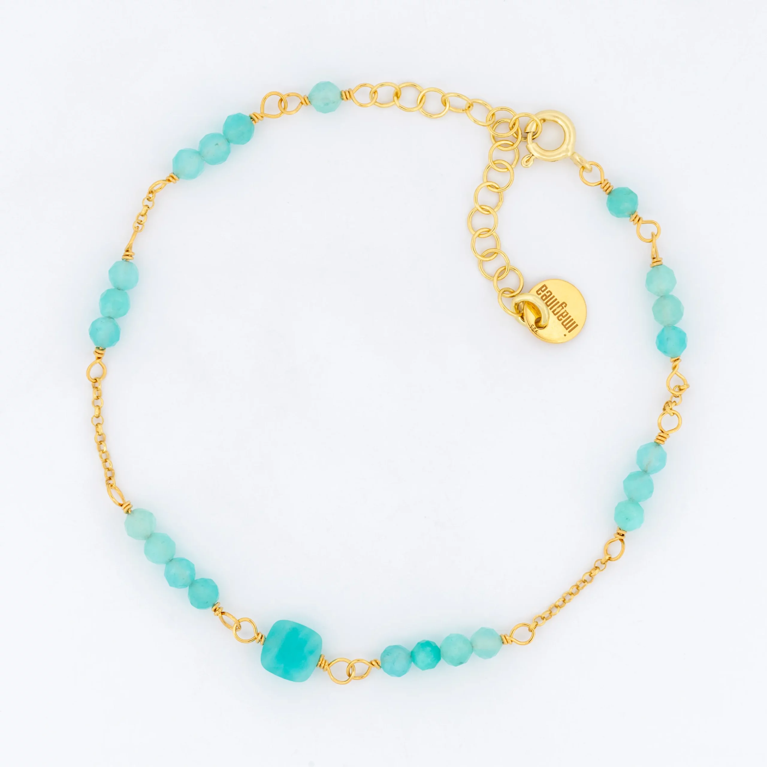 Bransoletka srebrna, pozłacana Amazonit, z pięknymi błękitnymi amazonitami, packshot.