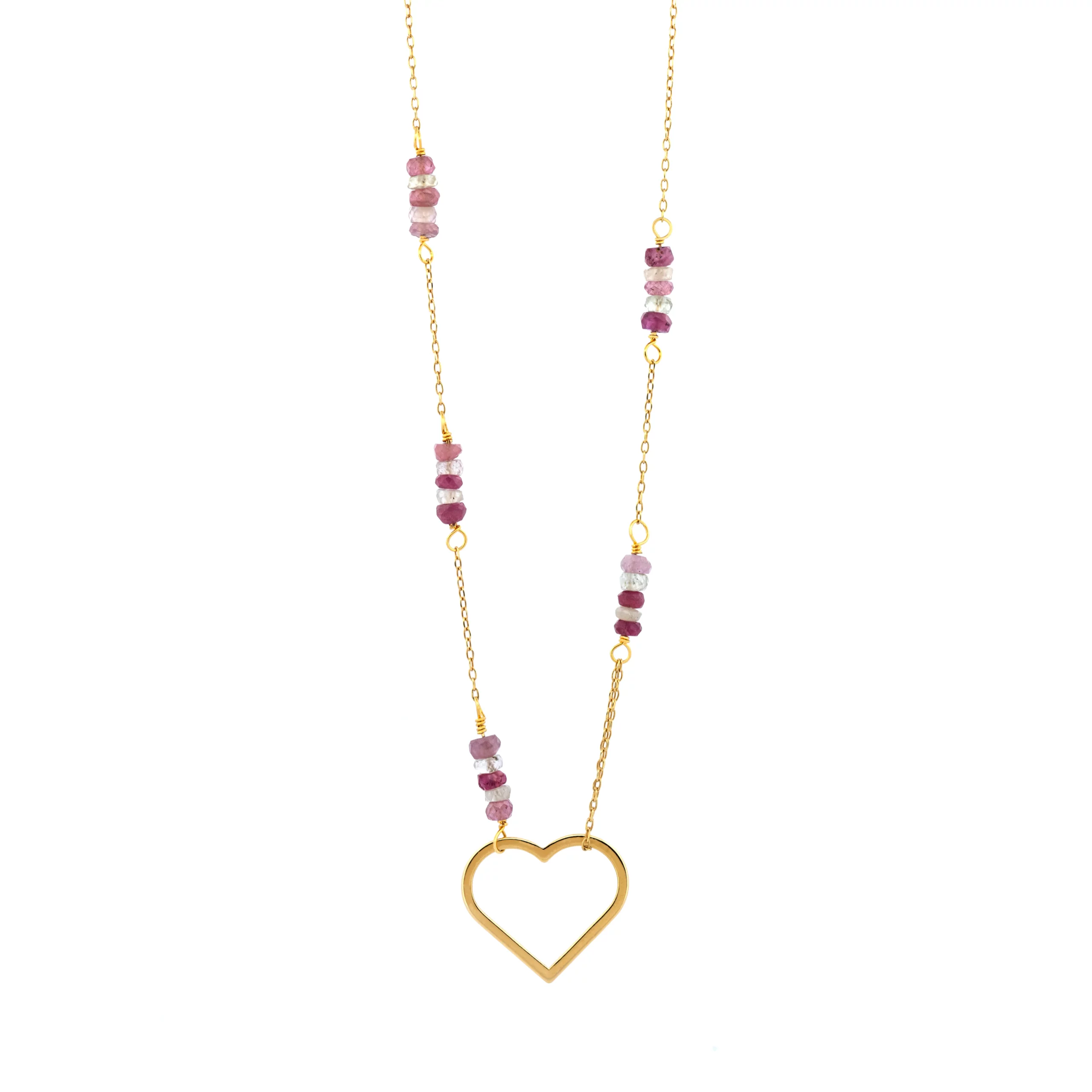 Elegancki, pozłacany naszyjnik Serce II z naturalnymi rubinami i białymi szafirami, packshot.